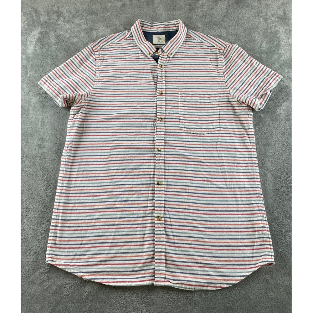 Cedar Wood State Mens XL Striped Button Down Shirt Short Sleeve Cotton Red‎ Blue